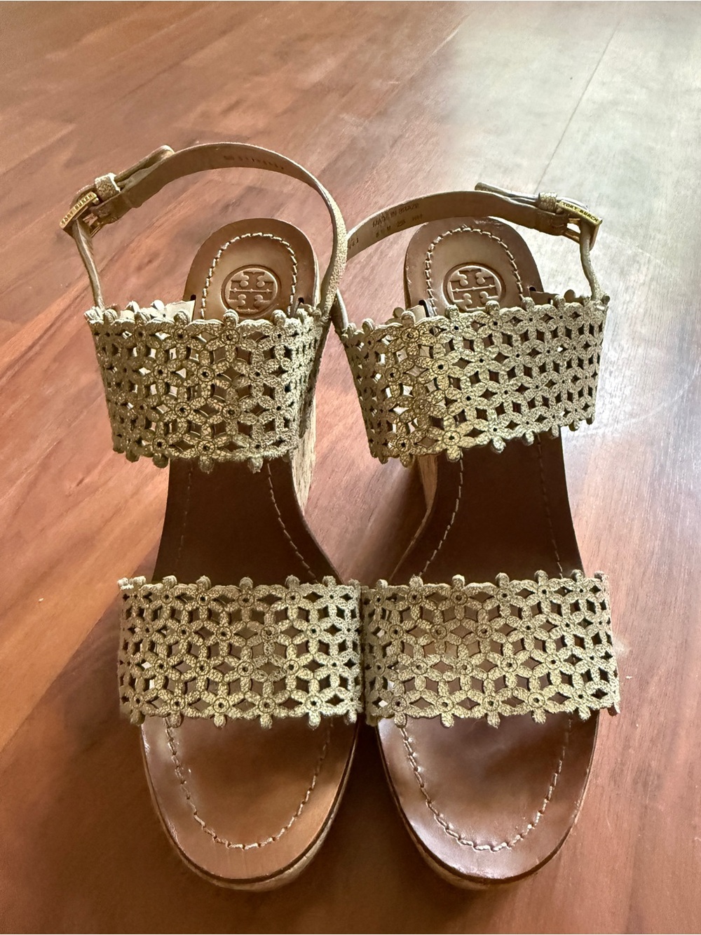 Tory Burch Gold Crochet Wedge Sandals